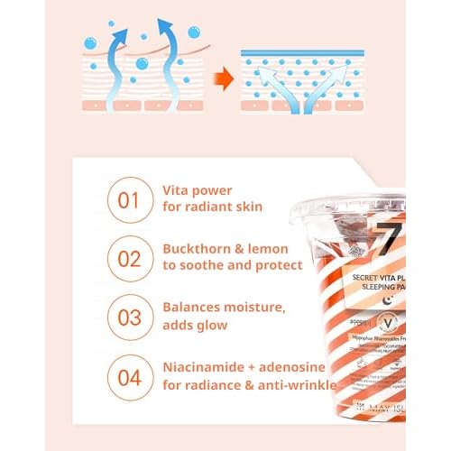 MAY ISLAND 7 Days Secret Vita Plus Sleeping Mask - Korean Overnight Mask with Sea Buckthorn Extract & Niacinamide - Revitalizing & Nourishing - Single-Use Pouches. 0.17oz. x 12 Pack