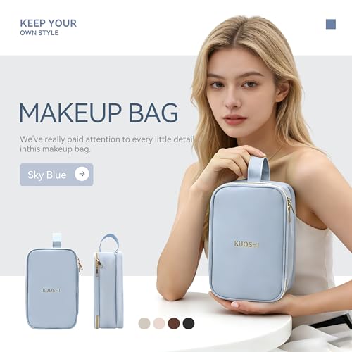 Travel Makeup Bag for Women, Large Capacity Waterproof Cosmetic Organizer with Divider & Handle, Portable Open Flat Toiletry Pouch for Travel Accessories (Blue)