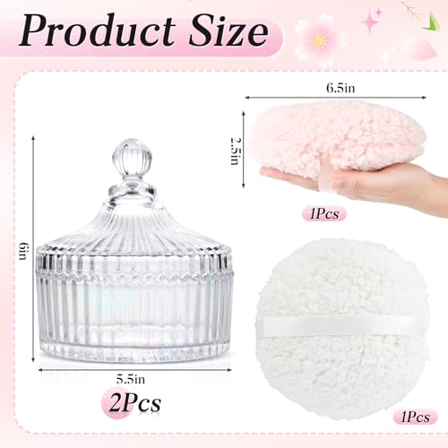 4 Pcs 6 In Extra Large Body Powder Puff and Container,Glass Candy Dish with Lid, Suitable for Both Dry and Wet Use, Reusable