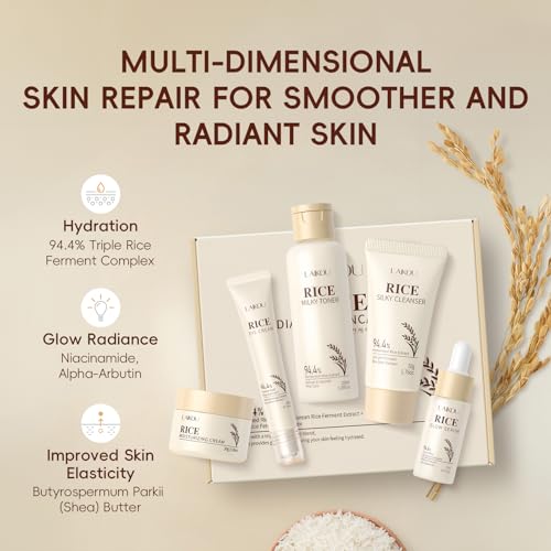 LAIKOU Skin Care Set, Korean Skin Care with Rice Cleanser, Toner, Serum, Eye Serum, Moisturizing Cream 5pcs for Women Teen Girls Mom Daughter Mother's Day Birthday Christmas Lover Korean Beauty