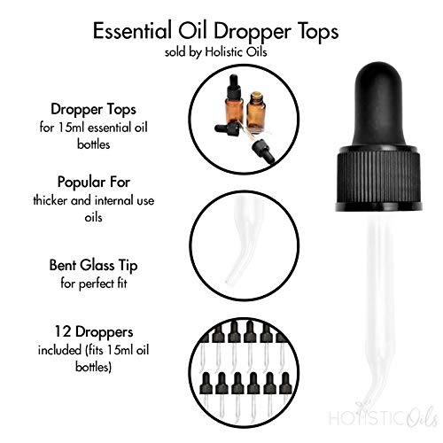Essential Oil Dropper Tops for 15ml Bottles ? 6?Pack Bent Glass & Rubber Bulbs ? Fits Standard Boston Round (18/415) ? Leak?Proof, Reusable, Perfect for Thicker Oils & DIY Use