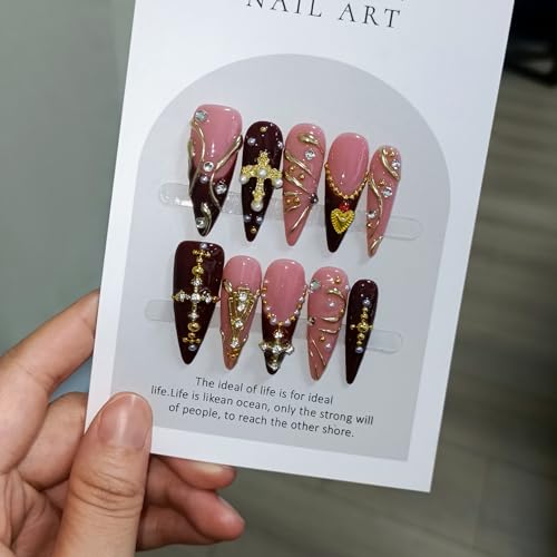 Handmade Press on Nails Long Stiletto - Wine Red French with 3D Cross & Wave Charms | Reusable & Enamel Glossy False Nails | Gothic Classical Style(L)