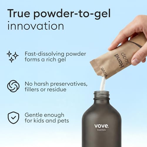 Vove Hand Soap Refills 3-Pack, Mandarin, Geranium & Cedarwood, Powder-to-Gel Hand Wash with Aloe Vera & Cactus Extract, Plant-Based Formula, Moisturizing Allantoin, Plastic-Free Compostable Packaging