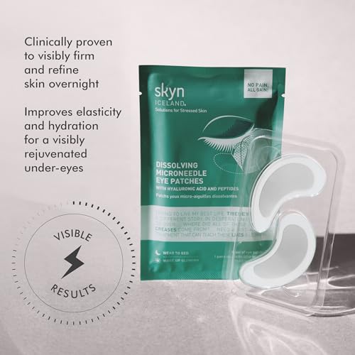 Skyn ICELAND Dissolving Microneedle Under Eye Patches with 39% Hyaluronic Acid and Peptides, No Slip Overnight Eye Mask for Fine Lines, Wrinkles and Hydration, Vegan, All Skin Types, 1 Pair