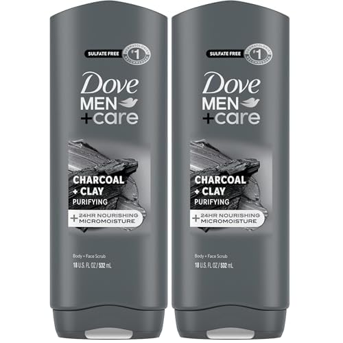 DOVE MEN + CARE Elements Body Wash Charcoal + Clay, Effectively Washes Away Bacteria While Nourishing Your Skin, Gray, 18 Fl Oz (Pack of 2)