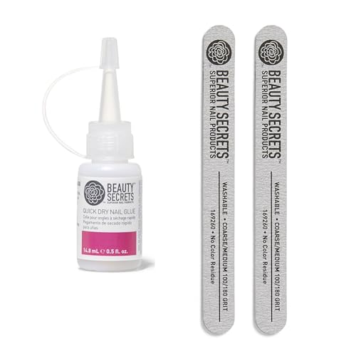 Beauty Secrets Quick Dry Nail Glue .5 Fl Oz Bundled with Zebra Cushion Nail File Medium Coarse 180/100 Grit (2 Pack) by Beauty Secrets