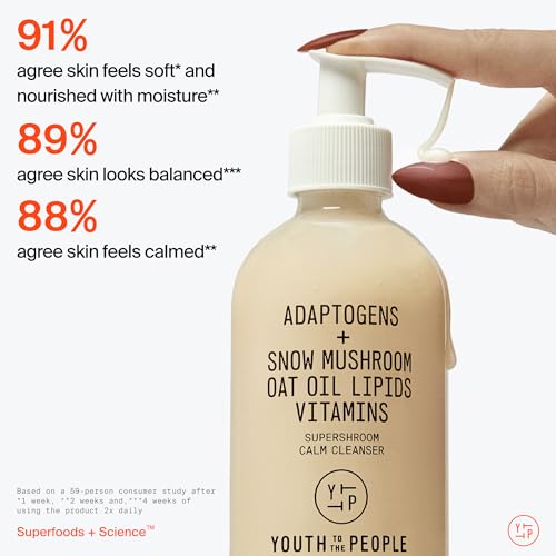 Youth To The People Supershroom Facial Cleanser - Adaptogens + Snow Mushroom Oat Oil Lipids Vitamins Face Wash, Nourishing Makeup Remover for Dry + Sensitive Skin, Soothes Redness