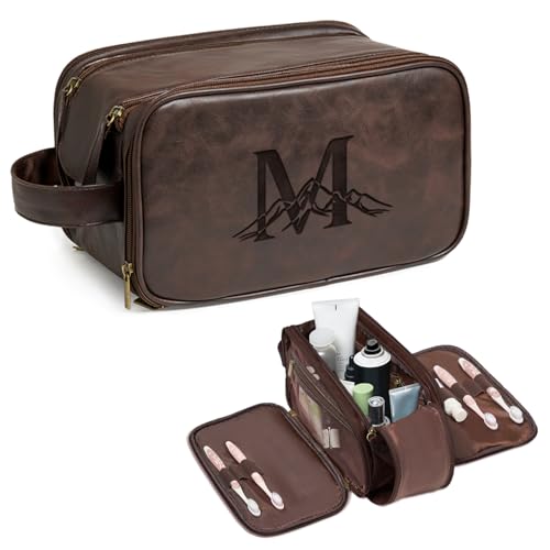 Janhavi Shaving Bag for Men Travel Waterproof, Engraved Initials & Mountain, Make Up Bag,Groomsmen Gifts, Mens Toiletry Travel Bag, Men's Accessories Organizer, Gifts for Him(Dark Brown M)