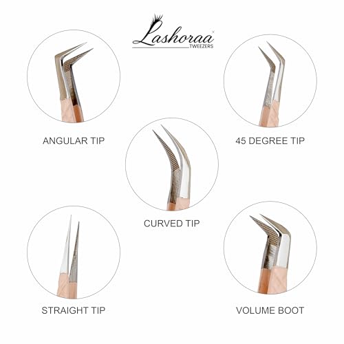 LASHORAA Professional 5pc Lash Extension Tweezers Pack - Fiber Tip Diamond Grip Japanese Steel, Precision Angled Tips - Perfect for Volume & Mega Volume Lashes with Leather Pouch (Peach)