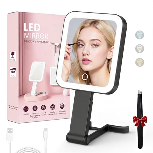 Travel Makeup Mirror with Lights, 1500mAh Rechargeable, Double-Sided 10X/1X Magnification, 3 Color Lighting, Smart Touch Dimming, Precision Tweezers, Lighted Mirror for Desk, Trip, Home, Office, Black