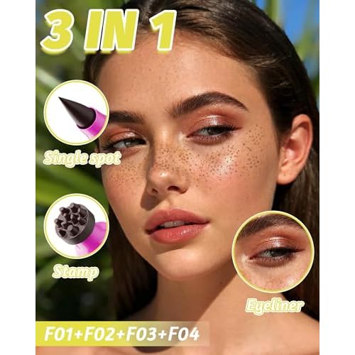 4 Color Faux Freckle Stamp Pen Kit, Upgrade Dual Ended 2-in-1 Waterproof Fake Freckle Pen with Multi-Prong Freckles Stamp Head for Women to Easily Create Natural Long-Lasting Sunkissed Makeup