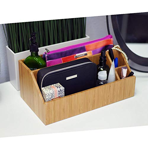 MobileVision Bamboo Make Up Organizer & Cosmetic Holder, Storage on Vanity Counter or Bathroom, Multiple Compartments