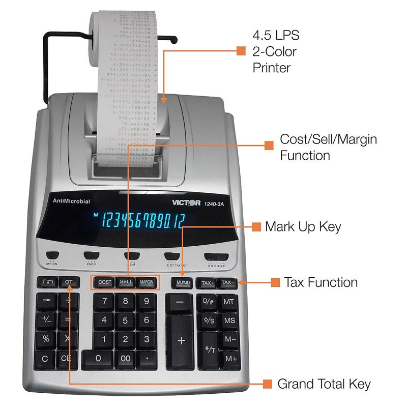 Office Calculator with Print Function, 12 Digits, AC Power, Black & Silver