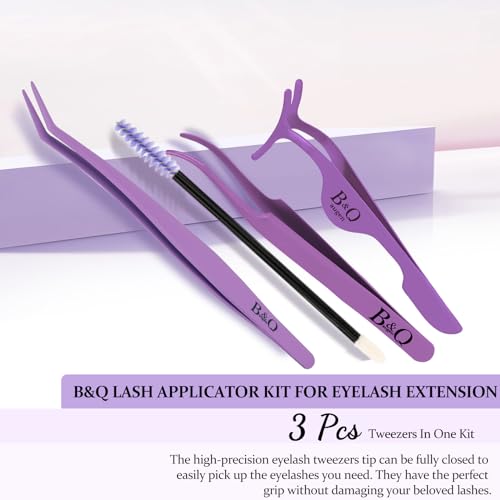 B&Q Eyelash Applicator Tool 3 PCS Lash Applicator Tool Kit Lash Tweezers for Eyelash Extensions Application Tool and Removal £¨Purple,3 PCS£©