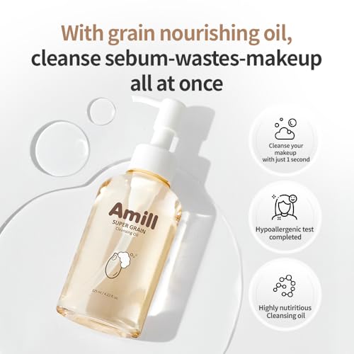 Amill Super Grain Cleansing Oil (125ml/4.23fl.oz) - Gentle Daily Oil Cleanser with 6 Grain Extracts for Hydrating & Nourishing Skin