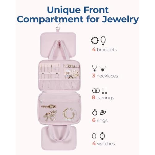 BAGSMART Travel Toiletry Bag with Jewelry Organizer, Hanging Travel Bag for Toiletries, Puffy Makeup Cosmetic Bag Organizer, Carry-on Travel Accessories Essentials, Pink-L