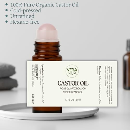Castor Oil with Rose Quartz Roller ? Made with Organic Castor Oil, 100% Pure, Cold-Pressed & Hexane-Free | Ideal For Hair, Lashes, Brows, Skin (50ml)