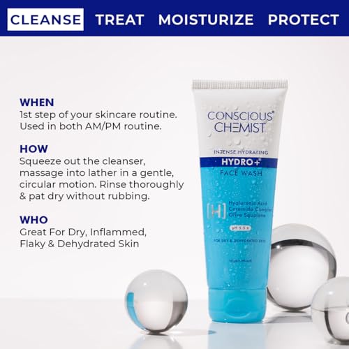 Conscious Chemist¢ç Hydro+ Gentle Face Wash for Dry Skin | 100ml | Hydrating Facial Cleanser with Hyaluronic Acid, Ceramides & Ginseng | For Smooths & Softens Skin, Non Comedogenic | Men & Women