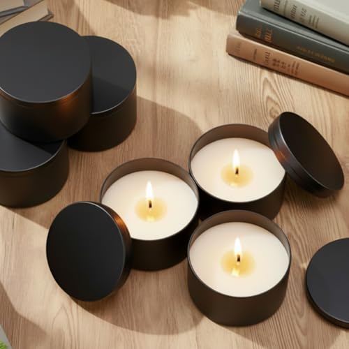 Therwen 48 Pack 8oz Candle Tins with Lids Black Aluminum Containers for Candle Making Supplies Empty Bulk Aluminum Tin Refillable Cosmetic DIY Gift Storage(Elegant)
