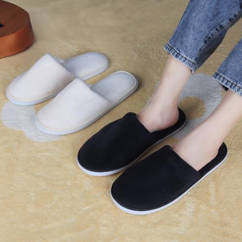 Yeios 12 Pairs Disposable Slippers for Guests Hotel Spa Slippers,0.78inch Sole 180GSM Coral Fleece Non-slip Washable House Slipper Bulk for Adult for Men and Women Beige and Black