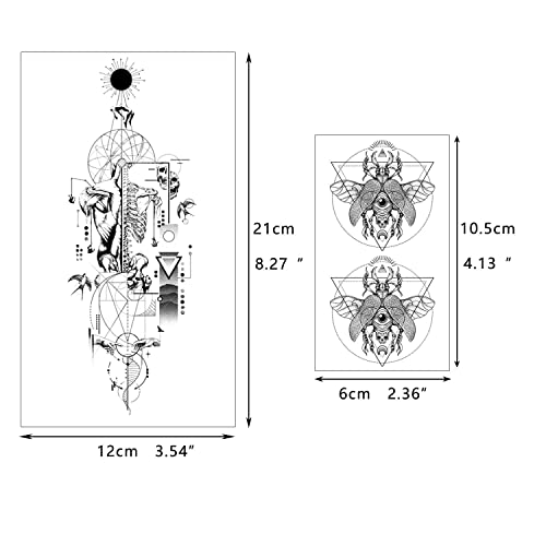 GLARYYEARS Temporary Tattoo for Men, 48-Pack 12 Large 36 Small Fake Tattoos, Long-lasting Realistic Tattoo Stickers, Halloween Cool Black Skull Snake Death Designs for Adults Women for Body Half Arm