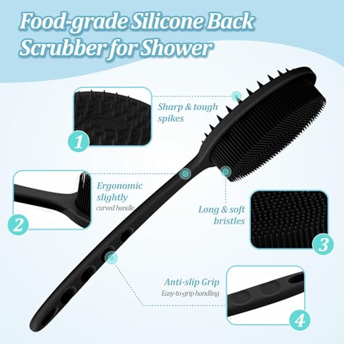 Silicone Back & Face Scrubber & Bath Glove Set 3PCS, 13.4'' Gentle Back Scrubber with Dual-Side Head, 360¡Æ Anti-Slip Bath Glove, Unique Side-bristled Face Scrubber for All-round Cleaning(Black)