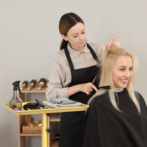 TASALON Rolling Salon Cart, Mobile Styling Station with Wheels Aluminum Rolling Tray Trolley for Salon Essentials, Adjustable Heightfor Hairstylist Tray with 10 PCS Disposable Salon Tray Cover,Gold