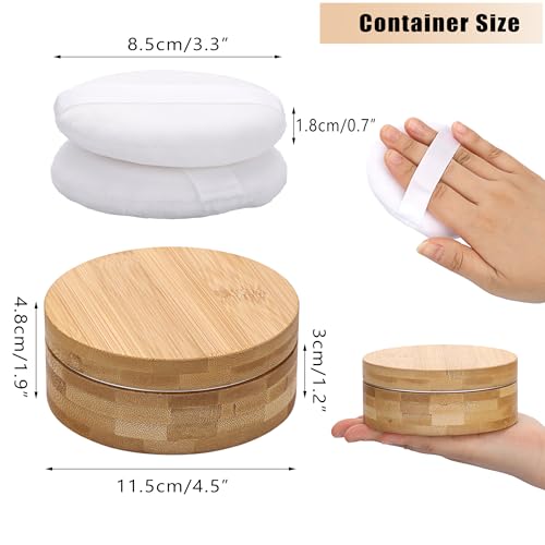 ELLDOO Body Powder Puff and Container, 10oz Empty Bamboo Case with Aluminum Inner Jar, Travel Loose Dusting Powder Storage Box with 2pcs Powder Puffs for Baby Women
