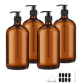 4 Pack 32 oz Amber Glass Pump Bottles, Glass Dispenser Bottles with Pump, Boston Round Bottles with Pumps for Shampoo and Conditioner, Body Shower, Lotion, Soap, Massage Oils