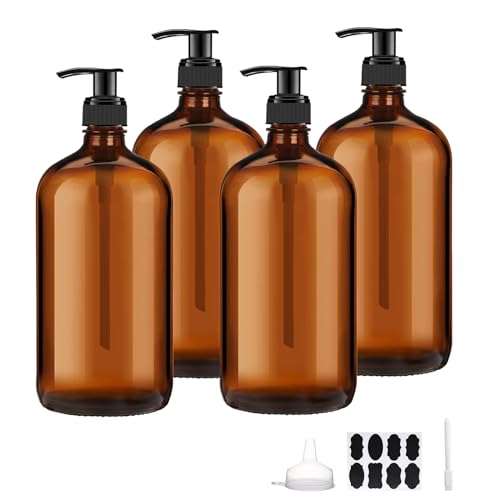 4 Pack 32 oz Amber Glass Pump Bottles, Glass Dispenser Bottles with Pump, Boston Round Bottles with Pumps for Shampoo and Conditioner, Body Shower, Lotion, Soap, Massage Oils