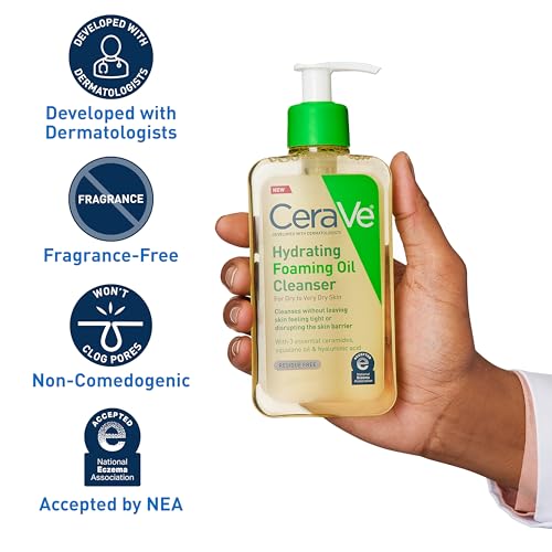 CeraVe Hydrating Foaming Oil Cleanser,Moisturizing Oil Cleanser for Face & Body,Squalane-Oil + Hyaluronic Acid + Ceramides,For Dry to Very Dry Skin,Fragrance Free & Residue Free,19 FL Oz,(Pack of 2)