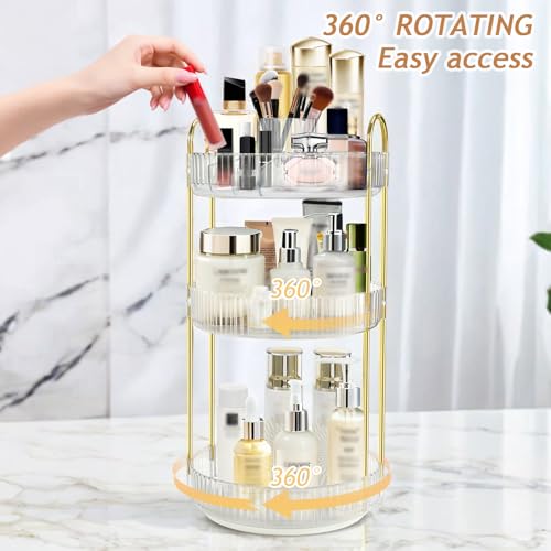 360 Rotating Makeup Organizer for Vanity,3 Tier Large Capacity Skincare Organizers,Bathroom Counter Organizer, transparent Spinning Perfume Organizer & Vanity Organizer (NEW-White, 3 Tier)