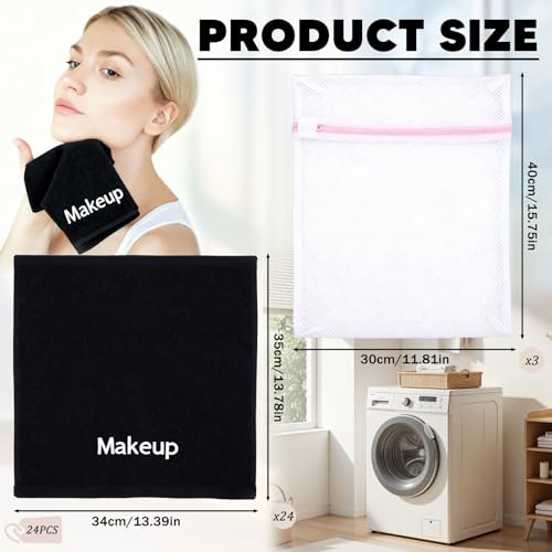 24 Pack Makeup Remover Towels Cotton Cosmetic 13x13 Inch Facial Cleansing Makeup Towels Soft Washcloths with Mesh Bag for All Skin Types Care Black