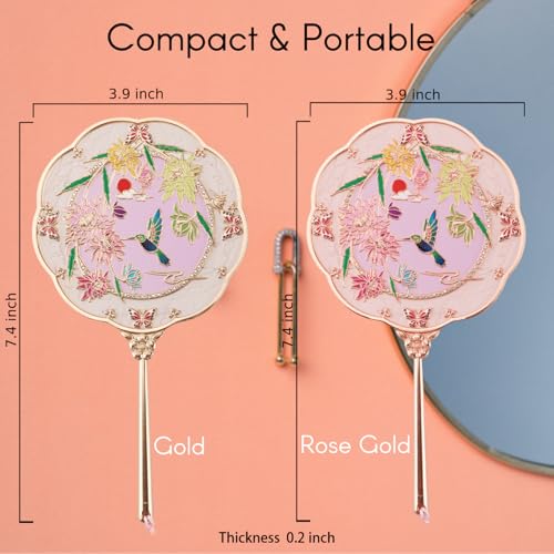 Hand Mirror, Handheld Mirror with Hummingbird Embossed Patterns, Elegant Metal Hand Craft Makeup Mirror, Beautiful Gift Value, Compact and Portable (Hummingbird Gold)