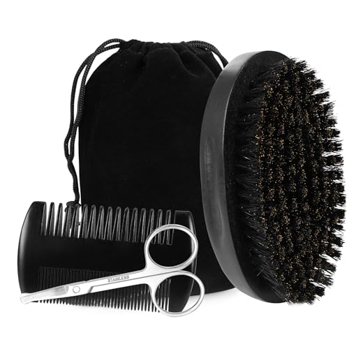 PHOGARY Beard Brush for Men, Beard Grooming Kit for Men Including Pure Boar Bristle Beards Brush Mustache Comb Scissors Travel Storage Bag