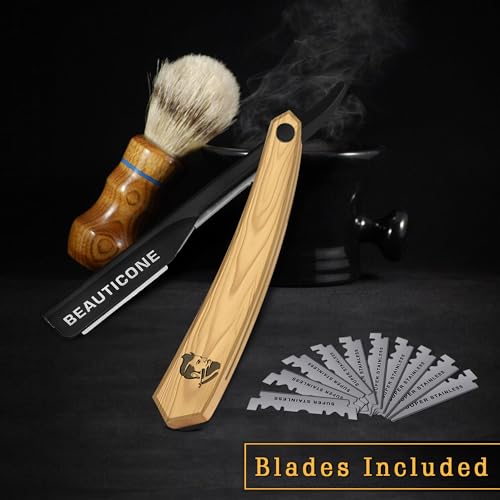 BEAUTICONE Straight Razors for Men, Professional Barber Razors, Premium Straight Edge Razor, Shaving Knife, Shavette, Stainless Steel, Wooden Handle, With PU Leather Case