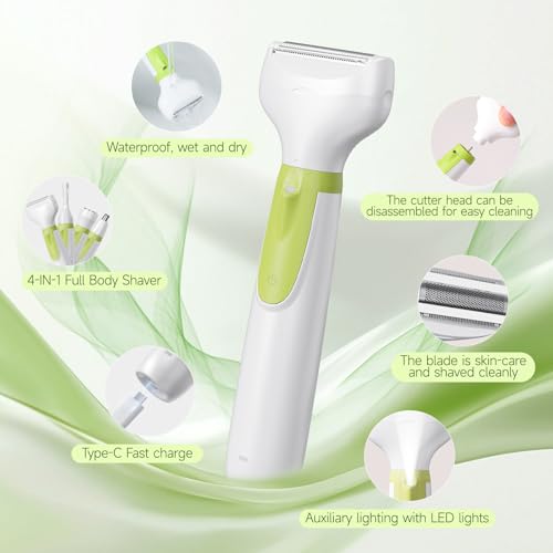 Electric Shaver for Women, 2025 Wet/Dry Razors for Women with LED Display,4 in 1 Cordless Hair Remover for Arms Legs Pubic Armpit Face, IPX7 Waterproof, Painless Electric Grooming Set