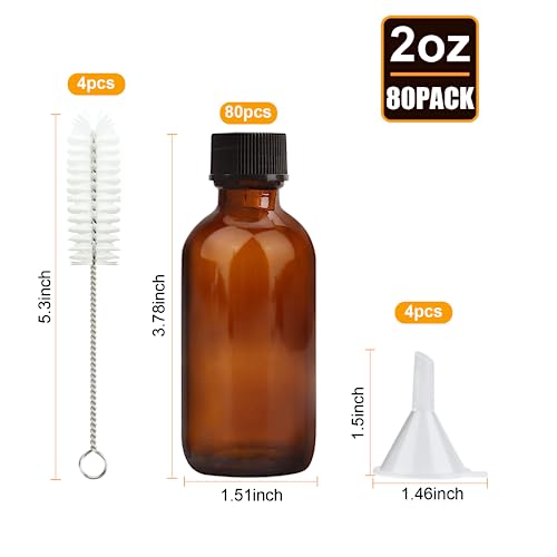 2 oz Amber Glass Bottles, Small Boston Round Glass Bottles (80 Pack) with Leak-proof Caps, Refillable Container for Homemade Extract, Essential Oils, Herbal Medicine and More