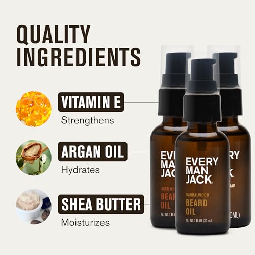 Every Man Jack Beard Oil Gift Set for Men ? Full Size 3-pack - Sandalwood, Vanilla + Cedar & Aged Bourbon Scents ? Softens Beard + Adds Shine - Naturally Derived w/Shea Butter ? 1 fl oz (3 Pack)