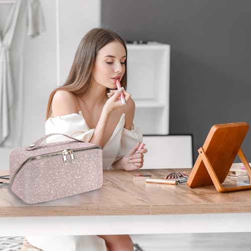 2026 New Makeup Bag, Large Capacity Cosmetic Bag with Sequin Design, Open Flat Travel Toiletry Bag with Divider & Handle-Rose Gold