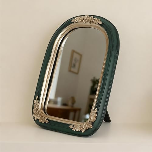 Arched Vanity Mirror Resin Frame Emerald Green and Gold Antique Rose Desktop Accent (Green)