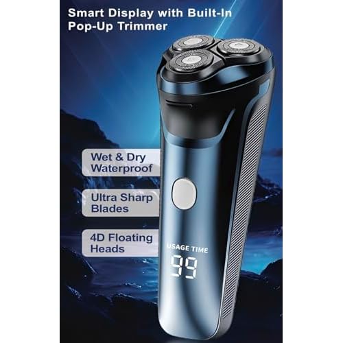 Smart 2-in-1 Electric Rotary Shaver for Men with 4D Floating Heads & Pop-Up Trimmer - USB Rechargeable, Wet & Dry Waterproof Razor with LCD Display (90 Min Runtime)