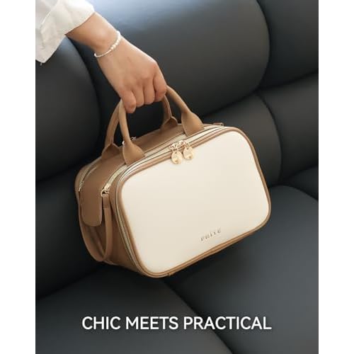 Prite Makeup Bag for Women, Large Capacity Waterproof Travel Cosmetic Organizer, Portable Open Flat Toiletry Bag with Free-standing Brush Holder and Handle(Beige Brown Medium)
