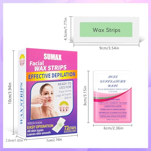 Sumax Wax Strips for Body Hair Removal, 72 Pieces Natural Beeswax Essence and Jojoba Seed Oil Hair Removal Strips for Face, Underarms, Bikini, Legs - Includes 4 Calming Oil Wipes