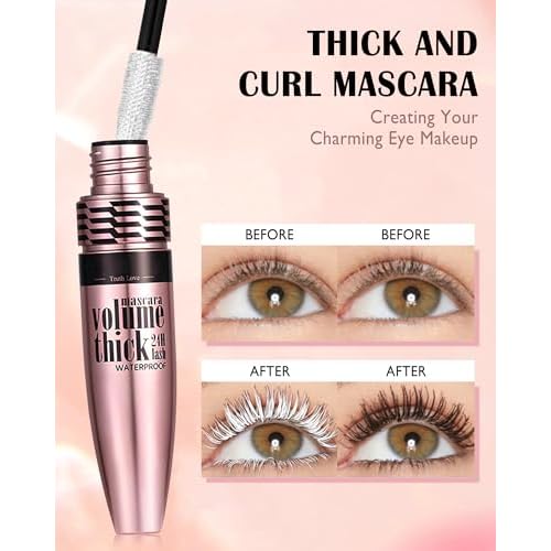 Colored Waterproof Mascara Set for Eyelashes,2PCS White Black Long Lasting Lash Mascara Volume and Length,Voluminzing Curling 5D Silk Fiber Eyelashes Women Eye Makeup Cosplay Party Use