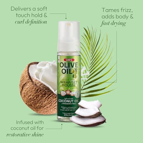 ORS Olive Oil Hold & Shine Wrap Set Mousse Infused with Coconut Oil for Restorative Shine 7 Ounce