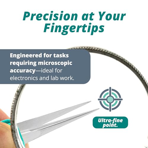 Excelta Ergo-Tweeze 3-SA-PI-ET Precision Tweezers, Straight Very Fine Tip, ESD Safe TealShield Grips, Anti-Magnetic 316L Neverust Stainless Steel, 5.25" OAL for Electronics, Lab, Cleanroom, Forensics