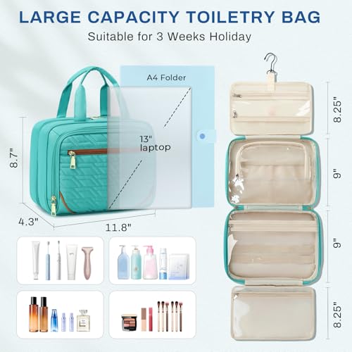 Large Travel Toiletry Bag for Women, Waterproof Hanging Toiletry Bags with Jewelry Organizer, Cosmetic Makeup Bag Organizer, Full-size Container, Travel Essentials Accessories, Shampoo, Green