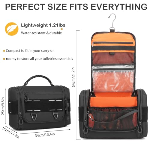 Tactical Toiletry Bag for Men - Hanging Mens Toiletry Travel Bag Shower Bathroom Organizer for Traveling, Shaving & Toiletries Kit, Portable Hygiene Bag with Handle & Swivel Hook, Black