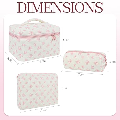 3Pcs Quilted Makeup Bag, Cute Floral Cotton Cosmetic Bag set, Coquette Bow Makeup Pouch Large Travel Toiletry Bag